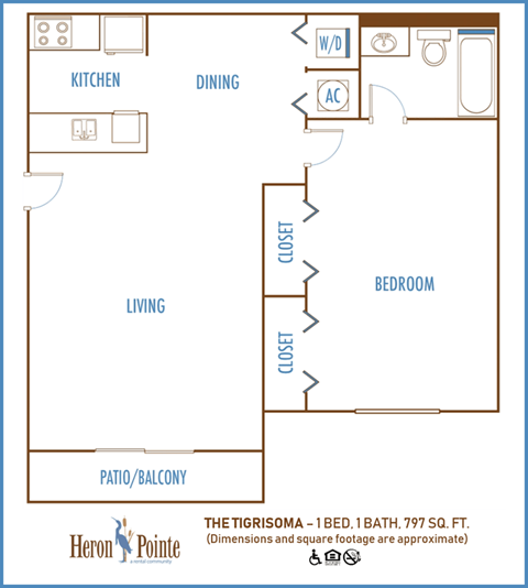 Floor plan for 1 bed, 1 bath, 750 sqft
